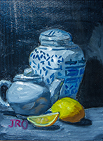 Joe Oliveri, "Lemon & Blue Vase”, oil